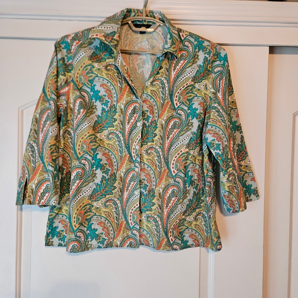 Lands End Oxford Paisley 3/4 Sleeve Button Up Shirt 18 No Iron Pinpoint Office